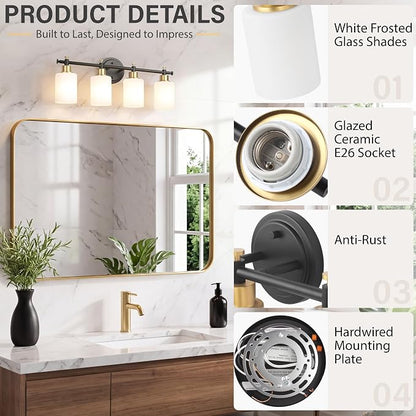 4 Light Bathroom Vanity Light Fixture Over Mirror, Black and Gold, 23'' | Vanity Lights for Bathroom, Bedroom, Living Room, White Frosted Glass Shades, Modern, E26(Bulbs Not Included)