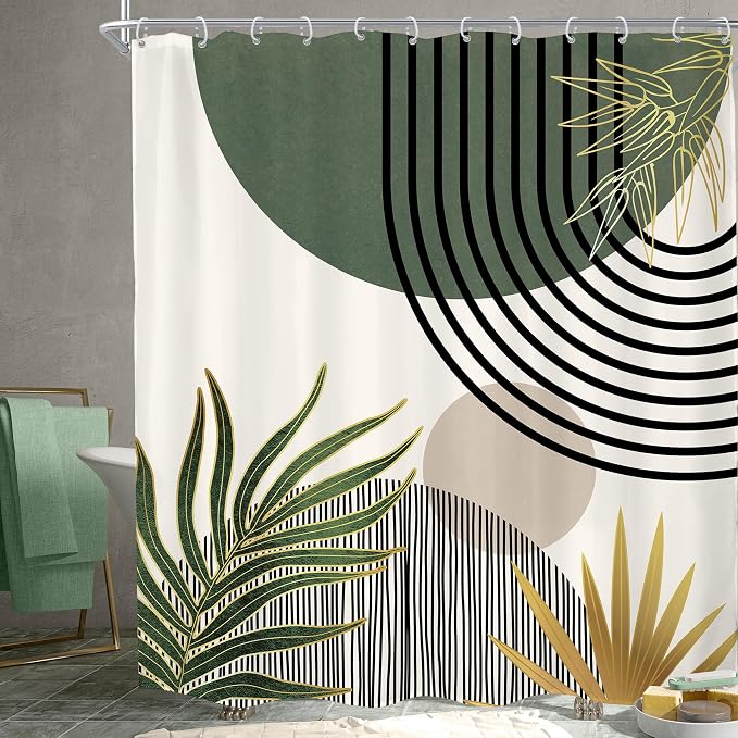 KOMLLEX Mid Century Green Boho Abstract Modern Bathroom Shower Curtain Set | 72Wx78L Gold Plant design, waterproof HD print with fast-drying fabric and 12 hooks.