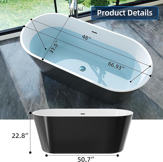 67'' Acrylic Freestanding Bathtub, Extra-Deep Soaking Free Standing Tub for Luxurious Bathing Experience, with Chrome Drain, for Main Bathroom, Black & White