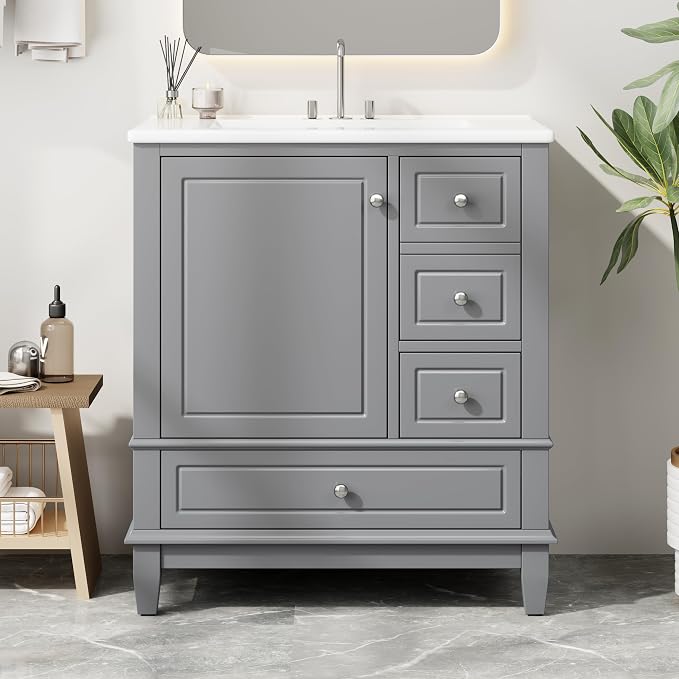 Merax Bathroom Vanity with Ceramic Sink 30 Inch, Cabinet with One Door and Three Drawers, Soft-Closing Door, Solid Wood Legs, Gray