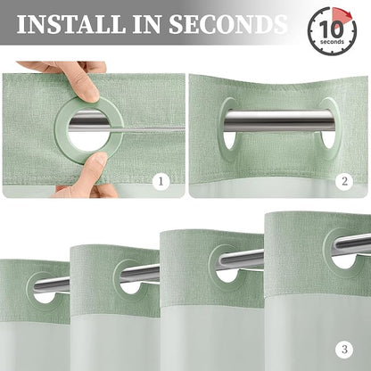 72x81 Ringless Linen Look Shower Curtain with Snap in Liner Sage Green | Tall Size, 3 in 1 Shower Curtain Set, Removable Liner, Waterproof & Washable, Mesh Top Window, Durable Fabric, Easy Setup