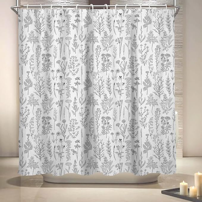 Coxila Vintage Floral Shower Curtain Extra Long XL Botanical Flower Black White Gray Farmhouse Neutral Wildflower Cute Retro Plant Nature Bathroom 72 x 84 Inch Polyester Fabric 12 Pack Hooks