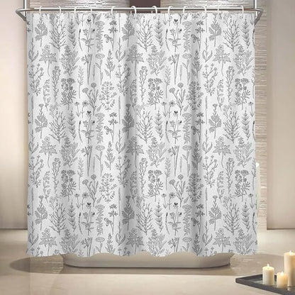 Coxila Vintage Floral Shower Curtain Large Standard Botanical Flower Black White Gray Farmhouse Rustic Boho Wildflower Neutral Cute Plant Bathroom 72 x 72 Inch Polyester Fabric 12 Pack Hooks