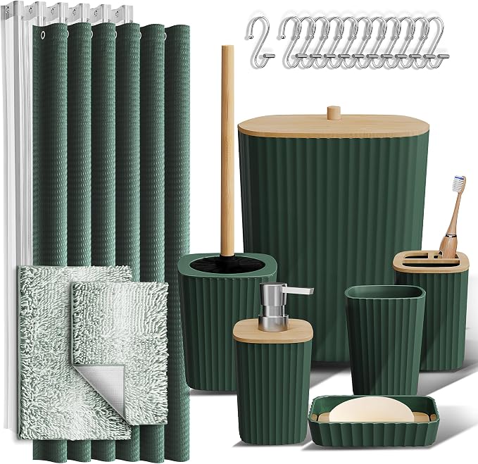 Clara Clark Bathroom Accessories Set - Bathroom Set, Bathroom Sets with Shower Curtain and Rugs, Shower Curtain Set with Bathroom Trash Can - Ombre Green - 22PC | 22 Piece Ombre Green Bathroom Accessories Set with Toothbrush Holder, Soap Dispenser, Soa...