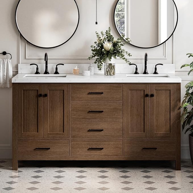 ARIEL Cambridge 66-inch Bathroom Vanity with Sink,Solid Wood, 1.5-inch Carrara White Quartz Countertop, Double Rectangular Porcelain Sink, 4 Soft Closing Doors, 6 Dovetail Drawers, Brown Oak