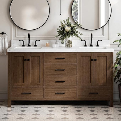 ARIEL Cambridge 66-inch Bathroom Vanity with Sink,Solid Wood, 1.5-inch Carrara White Quartz Countertop, Double Rectangular Porcelain Sink, 4 Soft Closing Doors, 6 Dovetail Drawers, Brown Oak