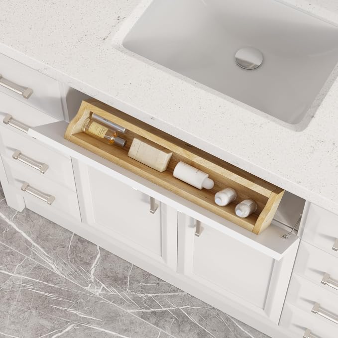 Capri III 48" Single Sink Bathroom Vanity With Stealth Organizer, Solid Wood Bathroom Cabinet with Engineered Stone Countertop & Backspalsh, Soft Closing Door & Drawer, Pre-Assembled, White