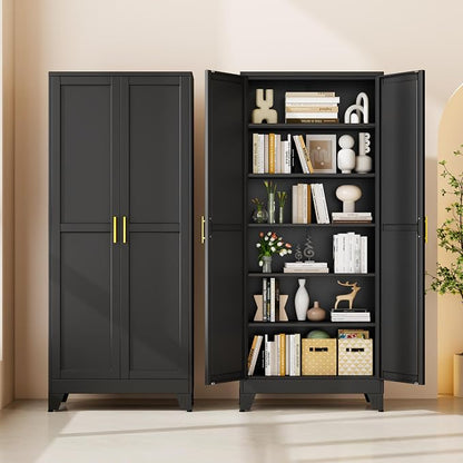 75" Black Metal Storage Cabinet with 2 Doors and 5 Adjustable Shelves,Steel Garage Tool Cabinet, File Cabinet,Kitchen Pantry Cabinet for Home,Office,Garage,School,Warehouse