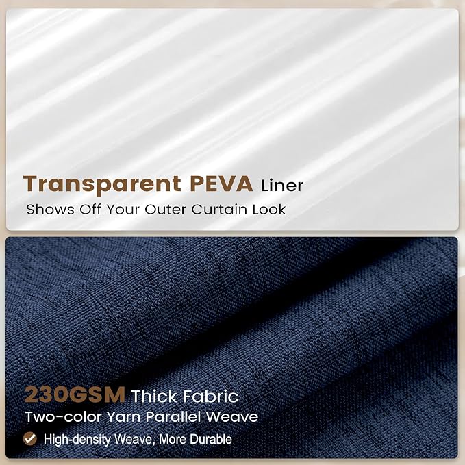 BTTN 3 in 1 Shower Curtain with Liner - 96 Inch Extra Long Linen Textured Fabric Shower Curtain Set with Plastic Hook, Tall Modern Heavy Duty Waterproof Shower Curtain for Bathroom, Navy Blue, 72x96