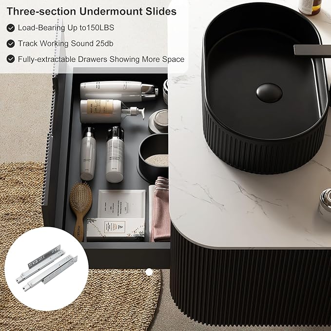 36 inch Floating Bathroom Vanity with Sink, Wall-Mount Black Cabinet with Ultra-Thin Ceramic Basin and Marble Top, Large Storage Drawer, Soft-Close Design