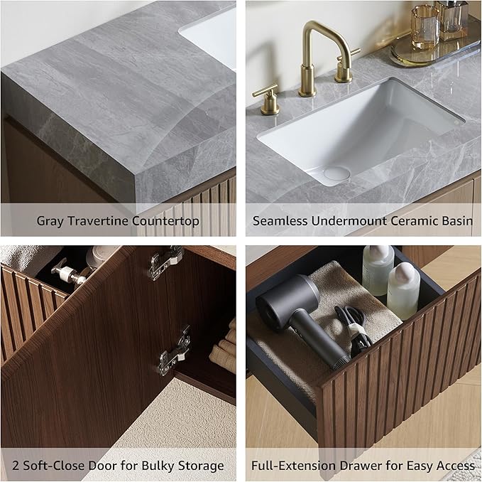 48” Floating Bathroom Vanity with Sink, Wall-Mounted Cabinet with Drawer & Doors, Gray Travertine-Pattern Sintered Stone Top, Undermount Basin, 3 Faucet Hole, Soft-Close, Pre-Assembled, Brown Oak
