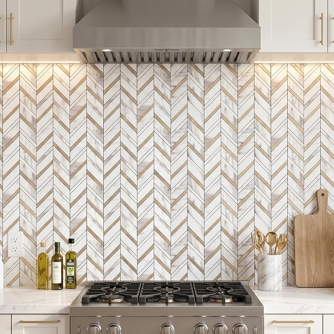 Yipscazo 10 Sheets Herringbone Backsplash Peel and Stick Tile, Marble Calacata Mixed Metal Gold PVC Stick on Backsplash for Kitchen, Waterproof Self Adhesive Wall Tile for Bathroom