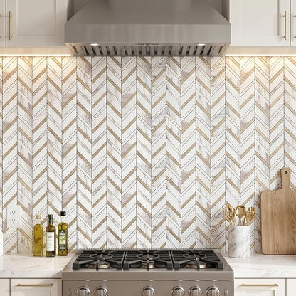 Yipscazo 10 Sheets Herringbone Backsplash Peel and Stick Tile, Marble Calacata Mixed Metal Gold PVC Stick on Backsplash for Kitchen, Waterproof Self Adhesive Wall Tile for Bathroom