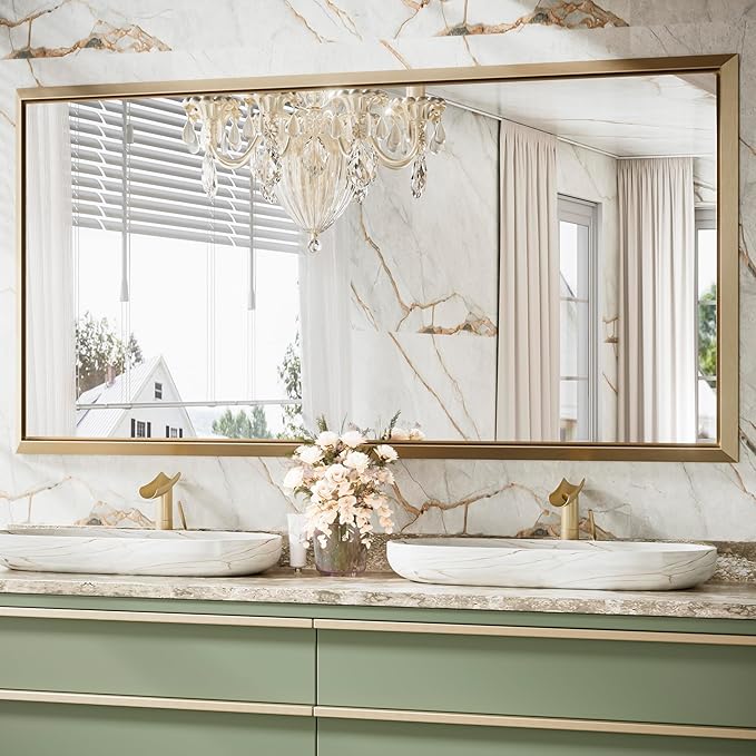 TETOTE 72 x 36 Inch Large Gold Vanity Mirror for Bathroom Sink Wall Mounted Brushed Gold Rectangle Stereo Beveled Framed Shatterproof Mirror Modern Home Living Room Decorative, Horizontal/Vertical