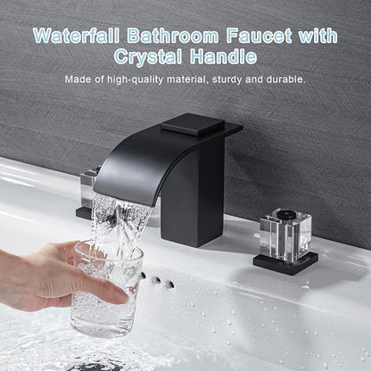 Matte Black Waterfall Bathroom Faucet 3 Hole Widespread Sink Faucet with Crystal Handles, Modern Bathroom Sink Faucet, 2 Handle Deck Mount Lavatory Faucet for Vanity Sink