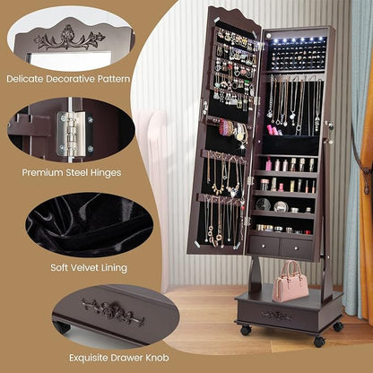 CHARMAID Rolling Jewelry Armoire with Full Length Mirror, Lockable Stand up Jewelry Cabinet with Lights and Wheels, Standing Jewelry Organizer with Drawers, Mirror with Jewelry Storage (Espresso)