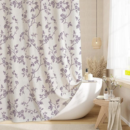 MitoVilla Lavender Linen Floral Shower Curtain for Bathroom, 72 x 72 | Lavender BoHo Cottagecore Spring Shower Curtains, Modern Farmhouse Country Plant Leaves Bathroom Décor, 72 x 72