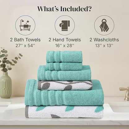 Modern Threads 6 Piece Bath Towel Set – Bathroom Set with 2 Bath Towels, 2 Hand Towels, and 2 Wash Cloths – 100% Cotton, Super Absorbent & Extra Soft – Reversible Natural Vine (Aqua)