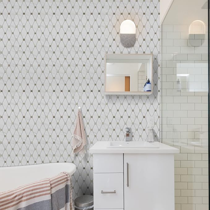 STICKGOO 1 Sheet Peel and Stick Dolomite Mosaic Tile, White Marble Look PVC Mixed Metal Gold Kitchen Backsplash for Fireplace, RV