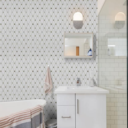 STICKGOO 1 Sheet Peel and Stick Dolomite Mosaic Tile, White Marble Look PVC Mixed Metal Gold Kitchen Backsplash for Fireplace, RV