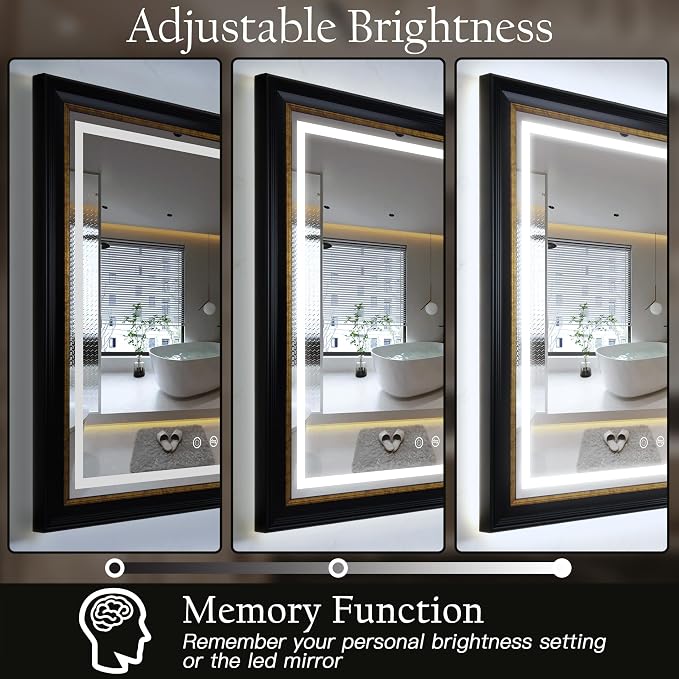 ROLOVE 23x33 Inch Lighted Baroque Bathroom Mirror, Antique Black and Gold | Anti-Fog, Waterproof Frame and Shatterproof Glass, Vintage Wall Mirror for Bathroom, Entryway and Powder Room