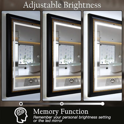ROLOVE 23x33 Inch Lighted Baroque Bathroom Mirror, Antique Black and Gold | Anti-Fog, Waterproof Frame and Shatterproof Glass, Vintage Wall Mirror for Bathroom, Entryway and Powder Room