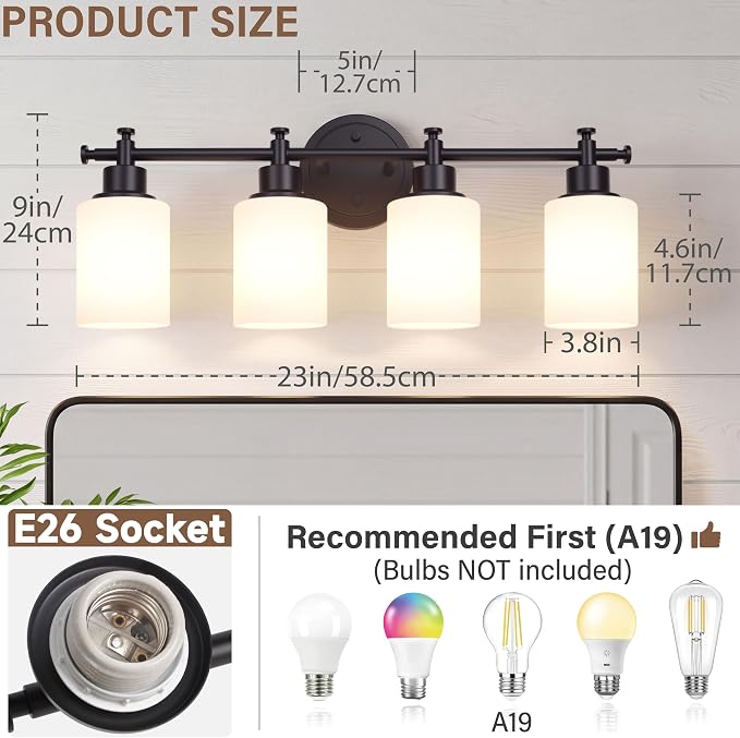 4 Light Bathroom Vanity Light Fixture Over Mirror, Black, 23'' | Vanity Lights for Bathroom, Bedroom, Living Room, White Frosted Glass Shades, Modern, E26(Bulbs Not Included)