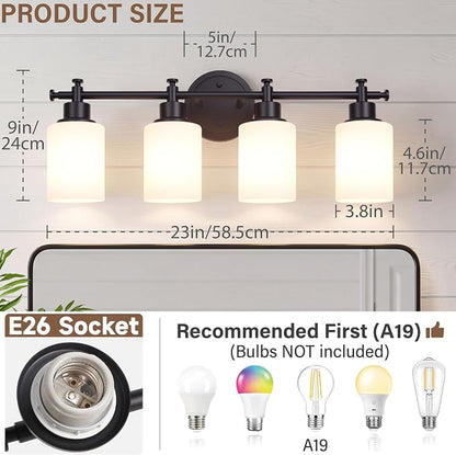 4 Light Bathroom Vanity Light Fixture Over Mirror, Black, 23'' | Vanity Lights for Bathroom, Bedroom, Living Room, White Frosted Glass Shades, Modern, E26(Bulbs Not Included)