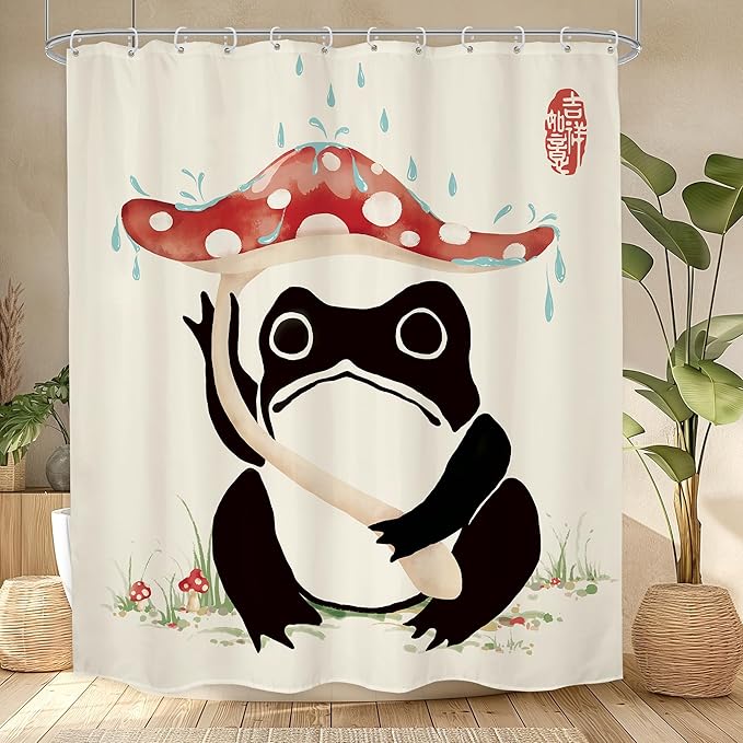 LGhtyro Funny Frog Shower Curtain Bathroom Set 60Wx71H Inches Mushroom Asian Traditional Art Japanese Lovely Hilarious Black Beige Red Bath Accessories Cute Animal Art Home Decor Fabric 12 Pack Hooks