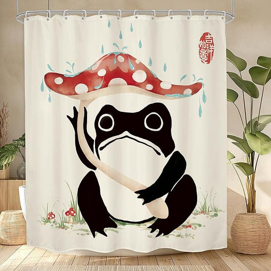 LGhtyro Funny Frog Shower Curtain Bathroom Set 60Wx71H Inches Mushroom Asian Traditional Art Japanese Lovely Hilarious Black Beige Red Bath Accessories Cute Animal Art Home Decor Fabric 12 Pack Hooks