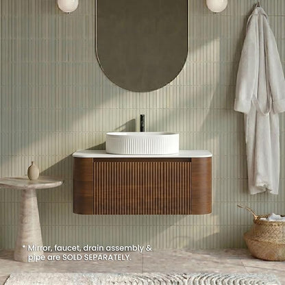 36" Preassembled Floating Bathroom Vanity with White Sink, Walnut | Mid-Century Modern Style, Fluted & Soft-Close Drawer with U-shaped Wall, Sinterted Stone Countertop, Towel Rack Included