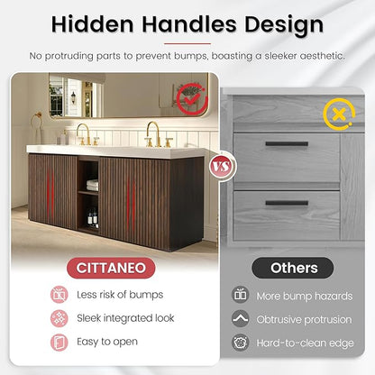 72" Bathroom Vanity with Double Sink, Freestanding Double Sink Bathroom Vanity with White Engineered Stone Top, Open Storage Cabinet & Adjustable Shelf, 4 Soft-Closing Doors, Walnut