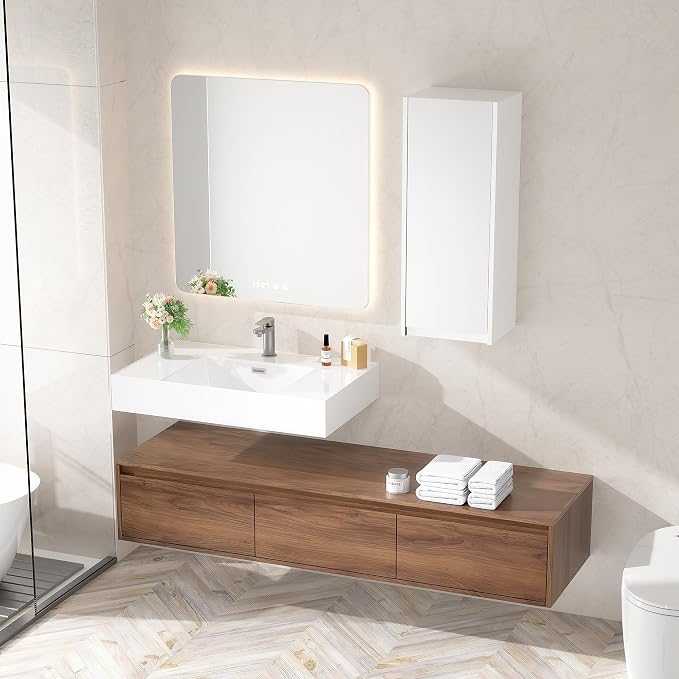 60 Inch Floating Bathroom Vanity with Single Sink, Modern Wall-Mounted Bathroom Cabinet with Resin Sink & Soft Close Drawers & Side Cabinet, Split-Level Layout (Walnut, 60"+1 Side Cabinet)