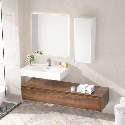 60 Inch Floating Bathroom Vanity with Single Sink, Modern Wall-Mounted Bathroom Cabinet with Resin Sink & Soft Close Drawers & Side Cabinet, Split-Level Layout (Walnut, 60"+1 Side Cabinet)