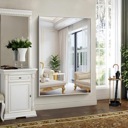 YIROMAN Bathroom Mirror 60"x40", Large Brushed Silver Bathroom Mirror for Over Sink with Aluminum Frame, Rectangular Vanity Mirror with Right Angle, Wall Mirror Hangs Horizontal or Vertical