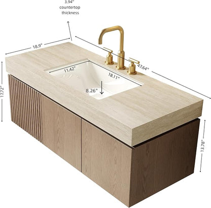 KEIKI 48 Inch Floating Bathroom Vanity with Sink, Light Brown & Beige | Modern Wall Mounted Storage Cabinet w/ Drawer & Door, Pre-assembled Wood Panels, Sintered Stone Top & Ceramic Basin Combo Set