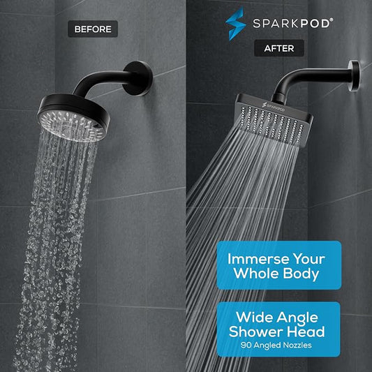 SparkPod Rain Shower Head, 6 Inch Square, Midnight Black Matte Finish | High Pressure Shower Heads, 90 Nozzles, Adjustable Showerhead, No Tools Needed, Universal Connection