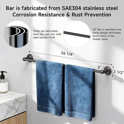 Formosa Design Hardware Classic 4-Piece Bathroom Accessories Set, 24-inch Towel Bar, Toilet Paper Holder, Towel Ring, and Robe Hook, Durable Zinc Alloy & Stainless Steel, (Oil Rubbed Bronze Finish)