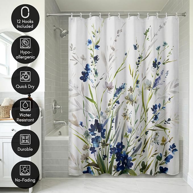 Americanflat 71x74 Floral Shower Curtain - Water-Resistant Long Shower Curtain with Durable Metal Grommets and 12 Hooks - 100% Polyester - Botanical Bathroom Curtains - Blue, Green, Taupe and White