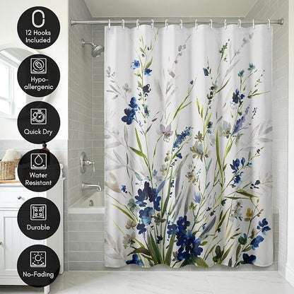 Americanflat 71x74 Floral Shower Curtain - Water-Resistant Long Shower Curtain with Durable Metal Grommets and 12 Hooks - 100% Polyester - Botanical Bathroom Curtains - Blue, Green, Taupe and White