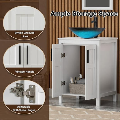 UEV White 24" Bathroom Vanity with Sink Combo,Modern Vanity with Vessel Sink,Stylish Bathroom Vanity Cabinet,Grooved Doors & Metal Handles,Modern Square Ocean Blue Tempered Glass Vessel Sink(A10)