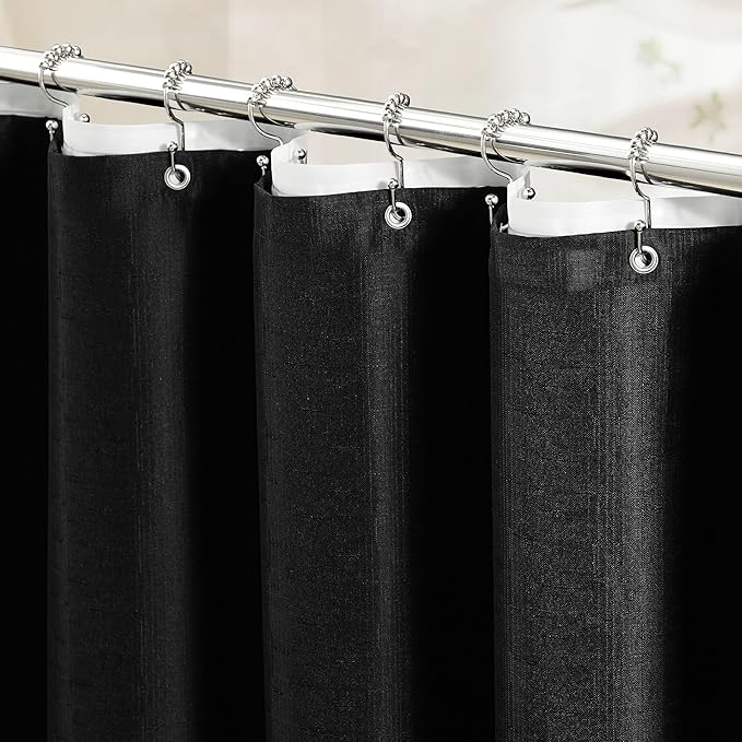 BTTN Black 3 in 1 Shower Curtain with Clear Liner, Linen Textured Decorative Fabric Shower Curtain PEVA Liner Set with Plastic Hook, Modern Luxury Waterproof Shower Curtain for Bathroom, 72x72