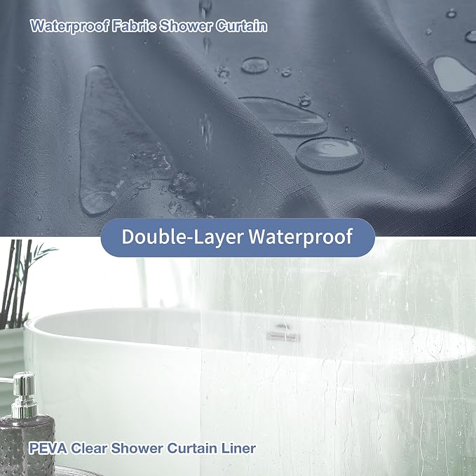 Shower Curtain and Liner, 3 in 1 Shower Curtain Set with 12 Double Sided Shower Curtain Hooks, Cloth Shower Curtains for Bathroom,Waterproof, Moonlight Blue 72 * 72