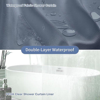 Shower Curtain and Liner, 3 in 1 Shower Curtain Set with 12 Double Sided Shower Curtain Hooks, Cloth Shower Curtains for Bathroom,Waterproof, Moonlight Blue 72 * 72