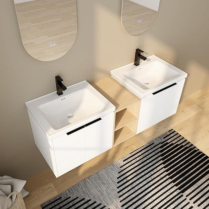 60 Inch Bathroom Vanity with Sink Combo,Wall-Mounted Bathroom Vanity with Soft Close Doors&Side Shelf,Modern Floating Bathroom Vanity with Top Basin & Storage Cabinet,White