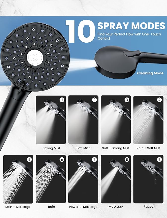 Filtered Shower Head Handheld Mother-Child Large Arm Combo, High Pressure 10-Spd Detachable Chrome Showerhead w/Stainless Hose, Water Softener Beads Hard Water - Remove Chlorine, Black