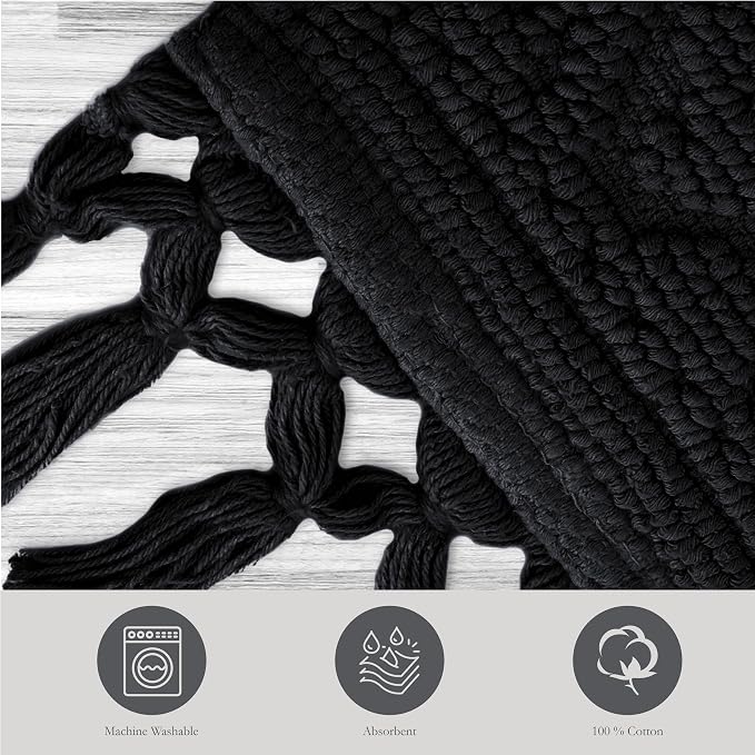 Jean Pierre – Ricardo Bath Mats, Set of 2 Woven Fringe Bathroom Rugs, 100% Cotton, Premium Bathroom Decor - Measures 17" x 31" and 21” x 41”- Black