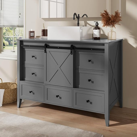 VNN Bathroom Vanity with Sink - 48 Inch Bathroom Vanity with Sink Ceramic, Freestanding Cabinet with Farmhouse Sliding Barn Door and 7 Drawers, Space-Saving Storage Cabinet, Grey
