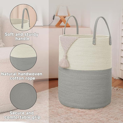 JMvicyroam 100L Cotton Rope Laundry Basket Hamper, White and Grey | Collapsible laundry basket, reinforced handles, freestanding, machine washable, holds 3-5 thick blankets, clothes or toys