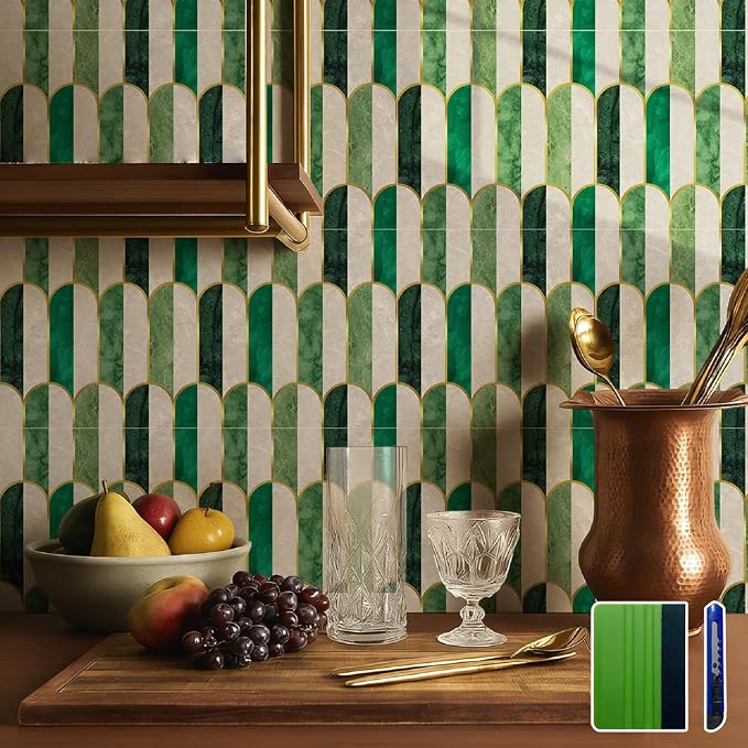 funlife Holographic Emerald Art Deco Peel and Stick Backsplash Self-Adhesive PVC Wall Tiles Easy DIY with Tools for Kitchen Bathroom and Laundry Room 5.9"x5.9"x10-Sheet Arch Mosaic